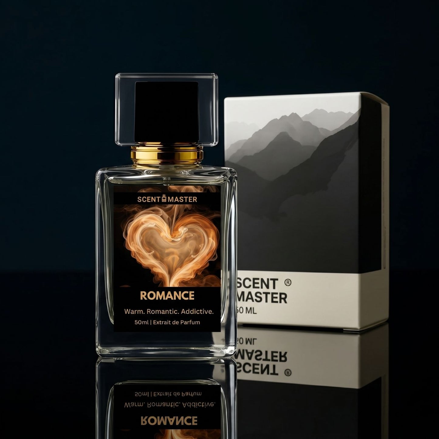Romance by Scent Master perfume bottle and luxury packaging box studio product shot
