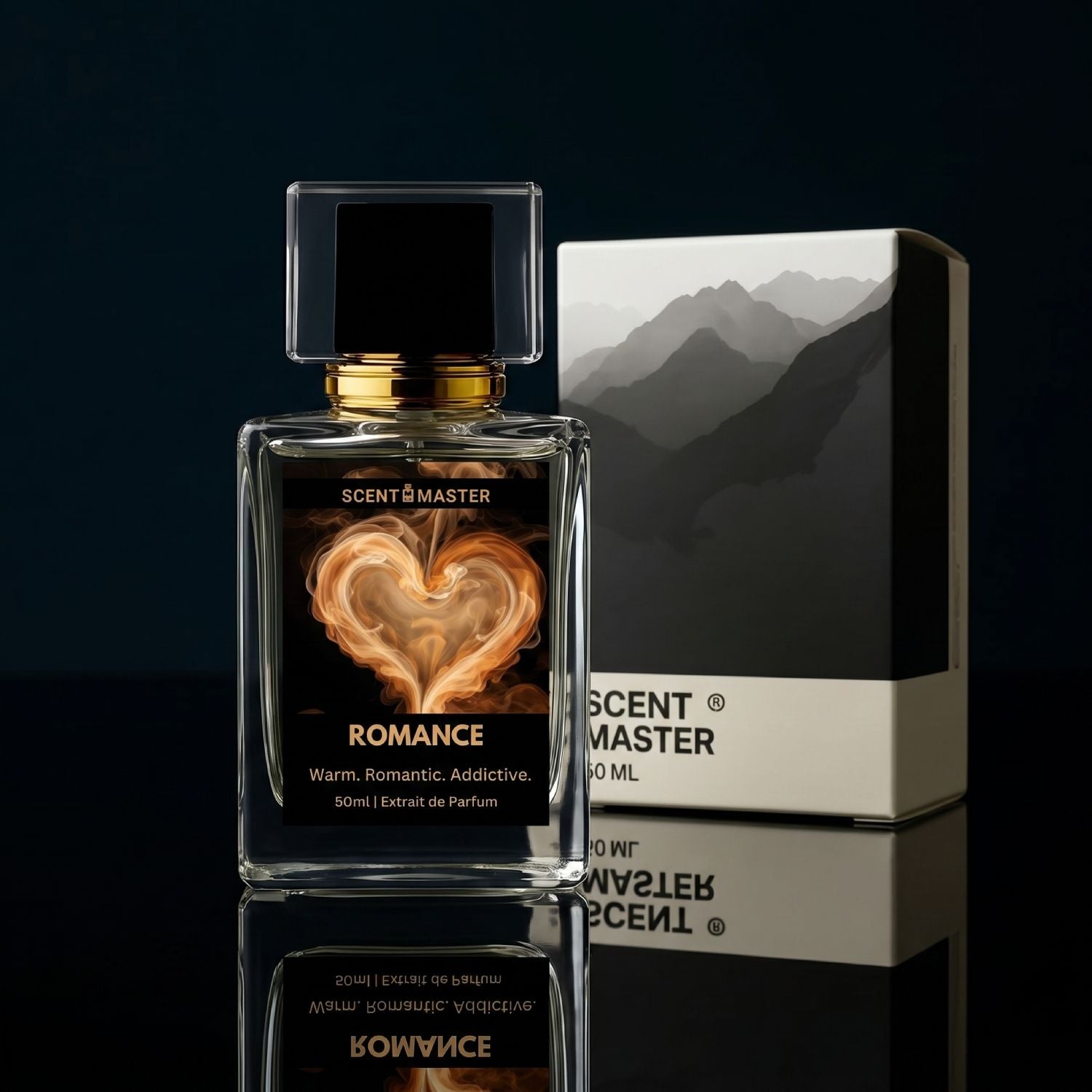 Romance by Scent Master perfume bottle and luxury packaging box studio product shot