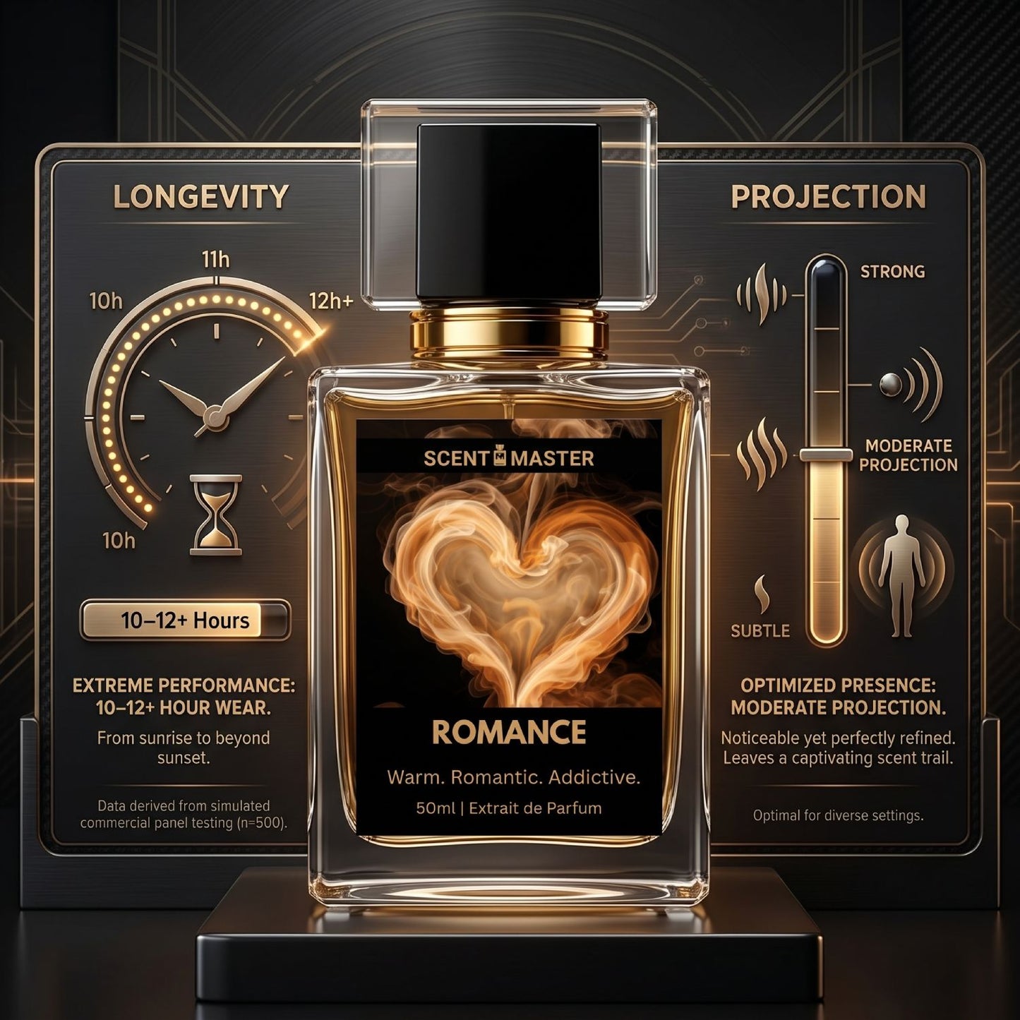 Romance perfume performance infographic showing moderate projection and 10 to 12 hour longevity