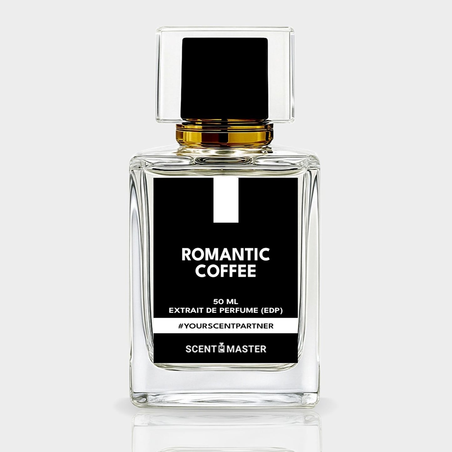 Perfume bottle labeled 'Romantic Coffee' by Scent Master on a light gray background