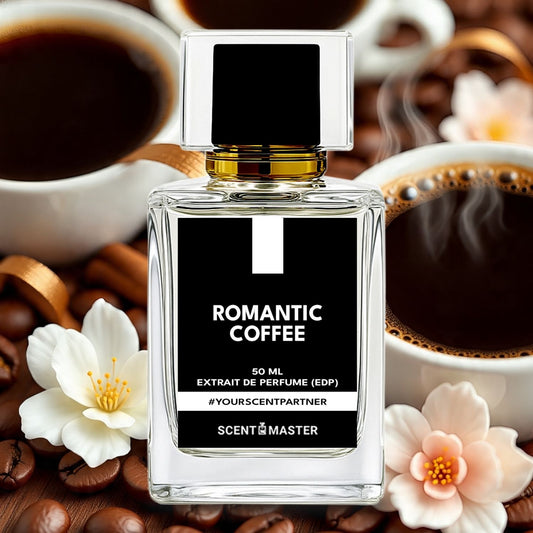 Perfume bottle labeled 'Romantic Coffee' with coffee cups and beans in the background