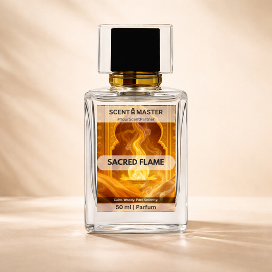 Perfume bottle labeled 'Sacred Flame' by Scent Master on a beige background