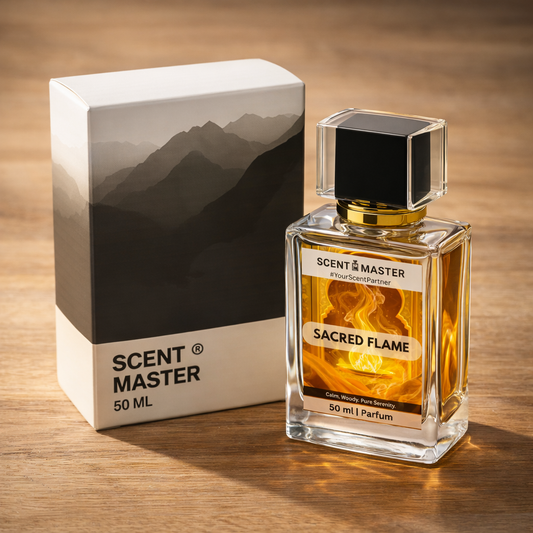 Perfume bottle and packaging of 'Scent Master Sacred Flame' on a wooden surface