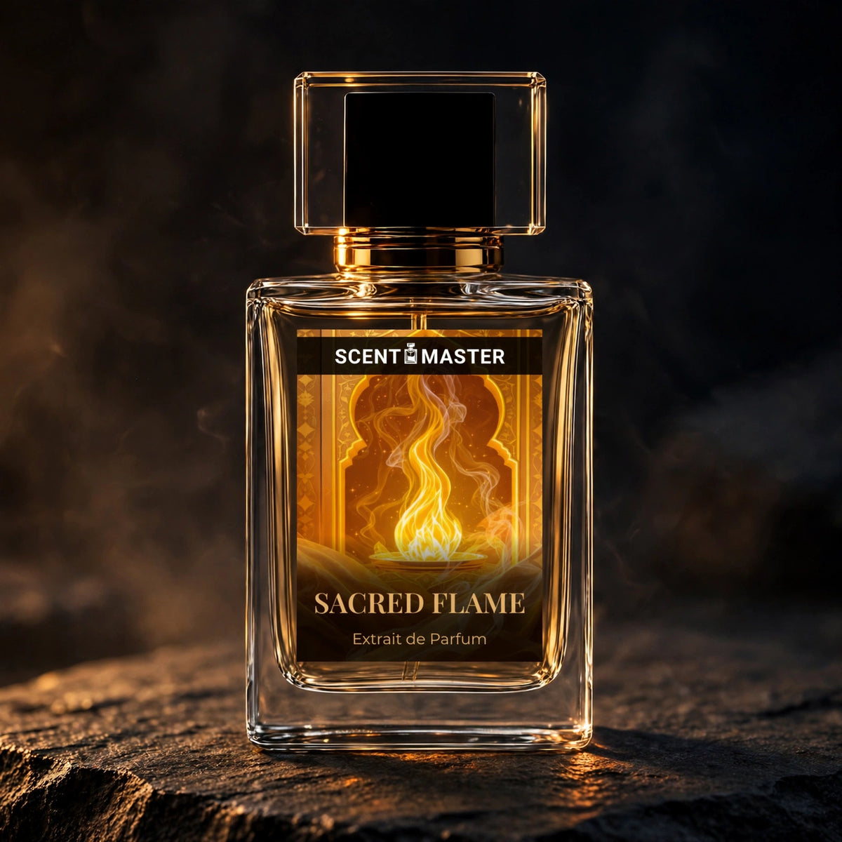 Cinematic photo of Sacred Flame Amber Woody perfume bottle