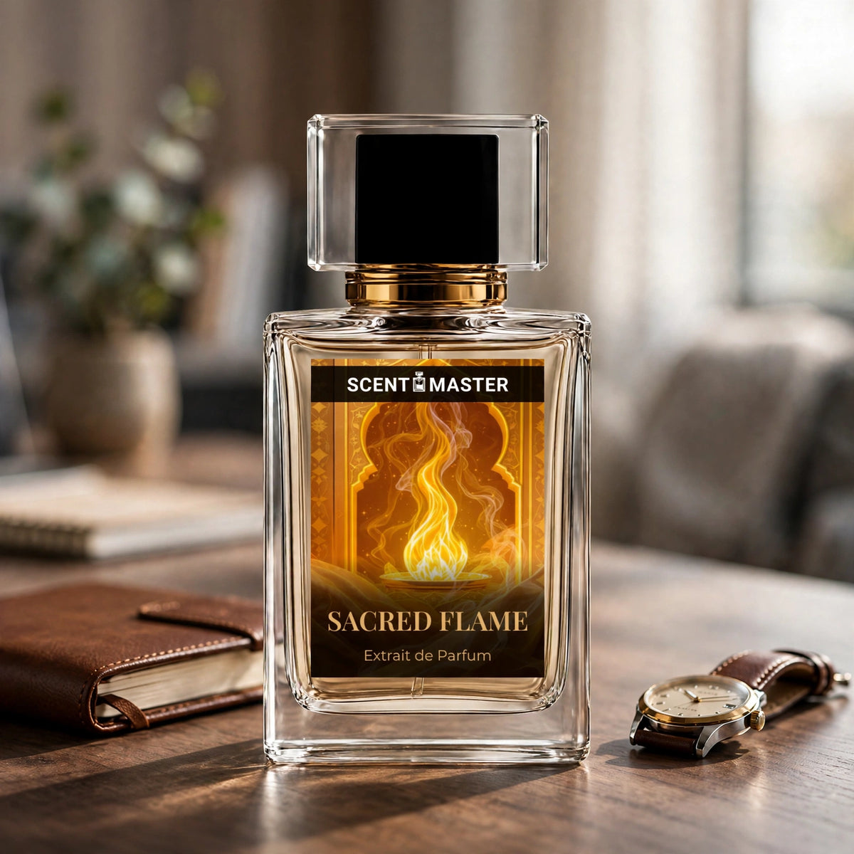 Sacred Flame Amber Woody Perfume styled in a modern office setting