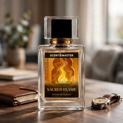Sacred Flame Amber Woody Perfume styled in a modern office setting