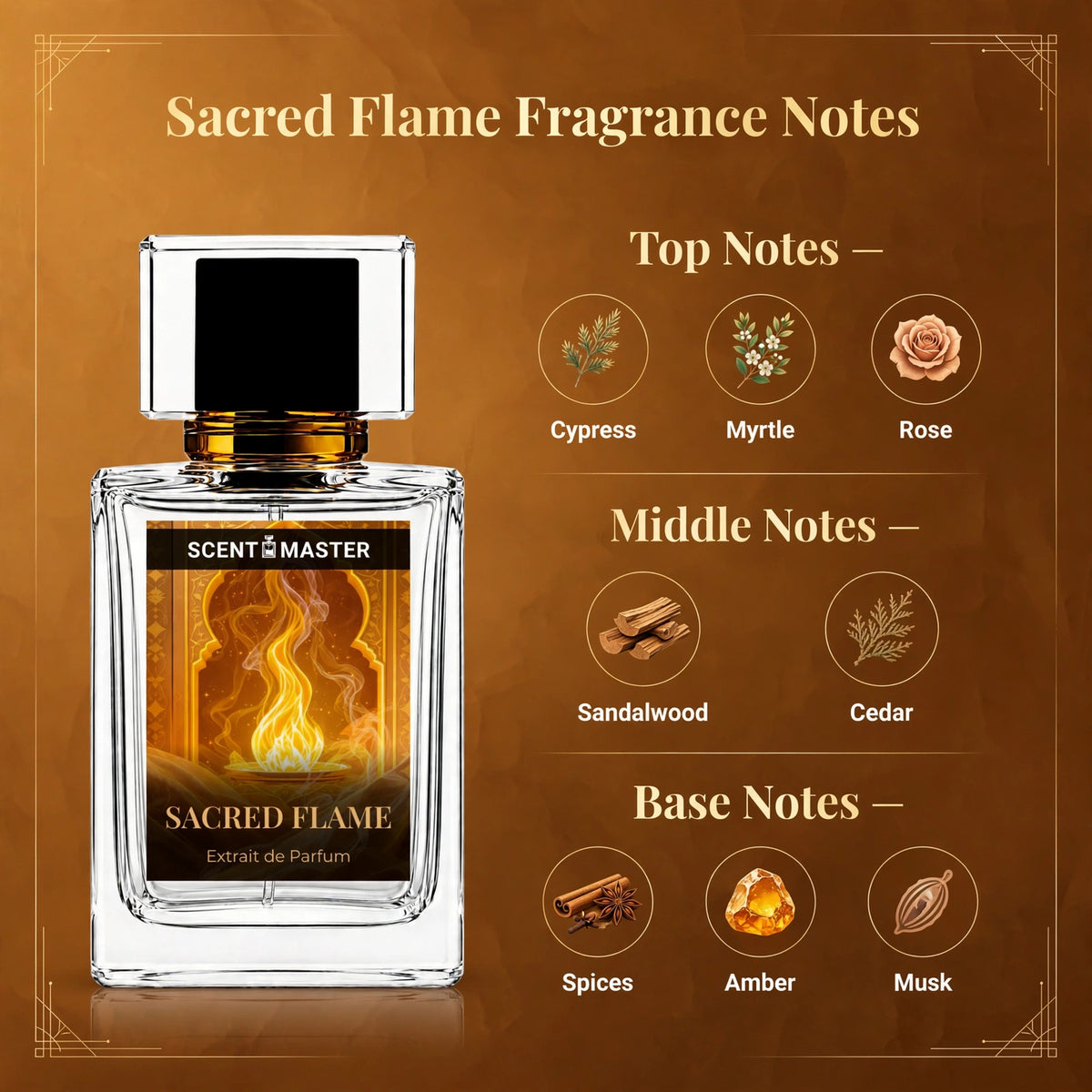Sacred Flame fragrance notes infographic showing top, middle, and base notes