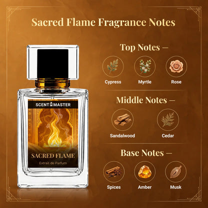 Sacred Flame fragrance notes infographic showing top, middle, and base notes