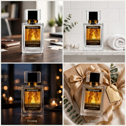 Sacred Flame perfume shown across office, daily, evening, and gifting occasions