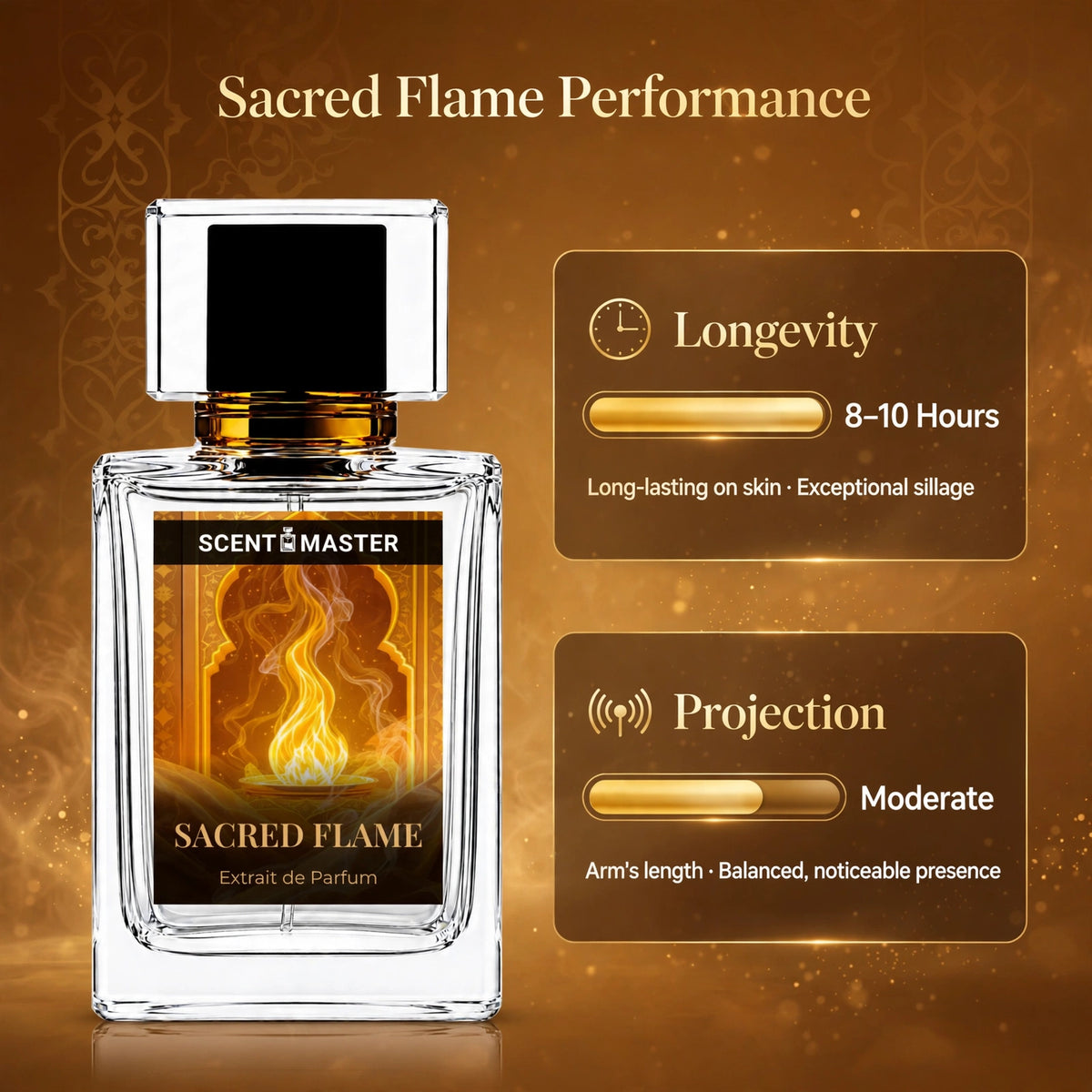 Sacred Flame perfume performance infographic showing longevity and projection