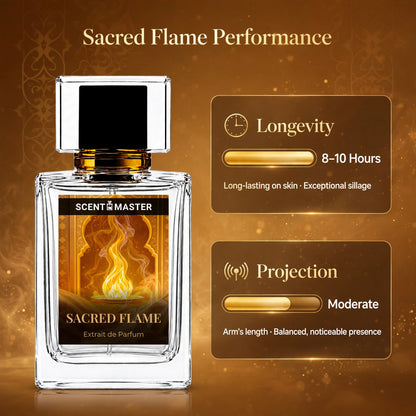 Sacred Flame perfume performance infographic showing longevity and projection