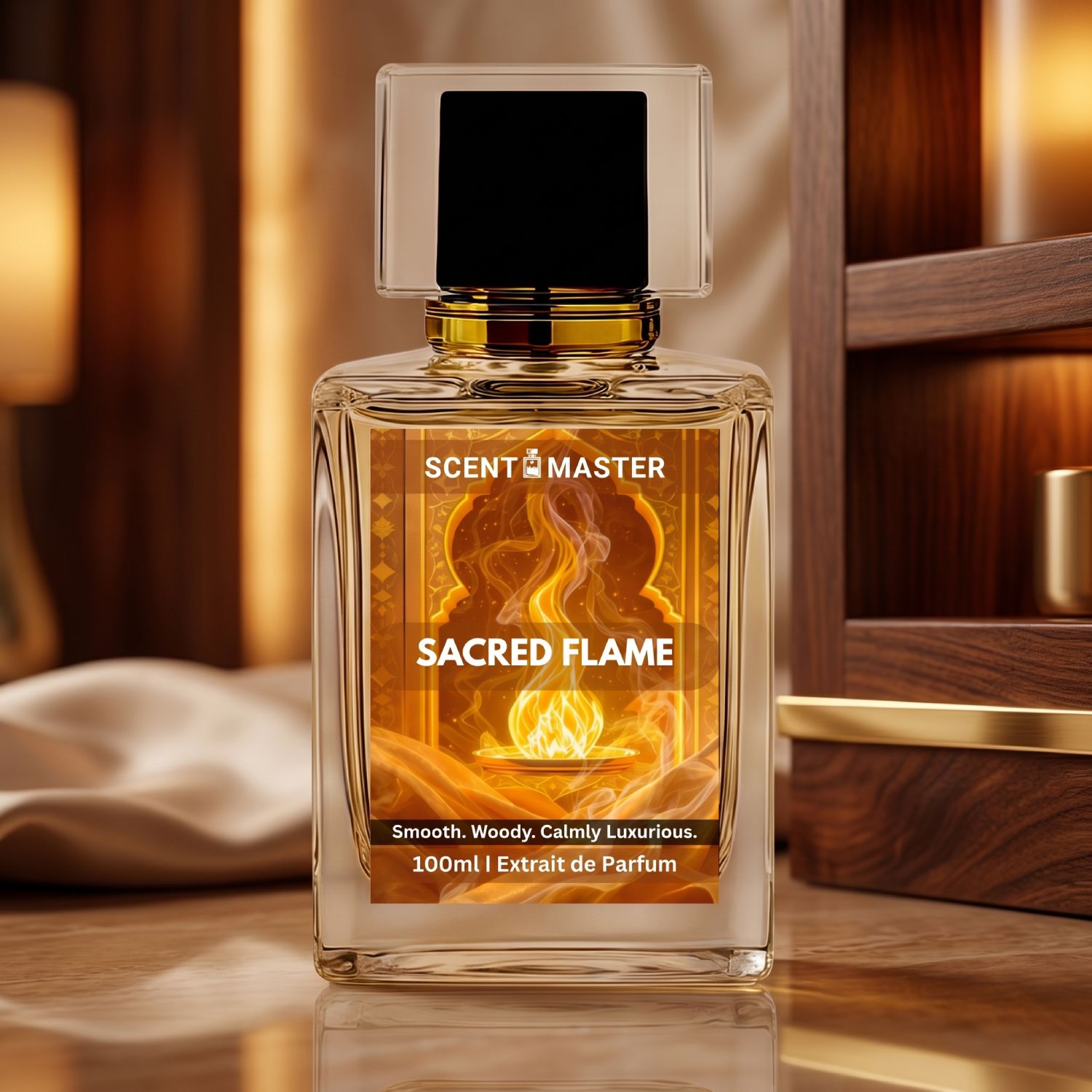 Sacred Flame by Scent Master 100ml woody amber perfume bottle with warm luxury wooden background