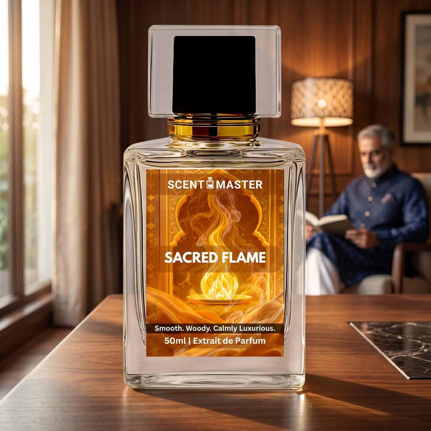 Sacred Flame by Scent Master woody amber perfume in a warm premium Pakistani lifestyle setting