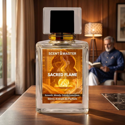 Sacred Flame by Scent Master woody amber perfume in a warm premium Pakistani lifestyle setting
