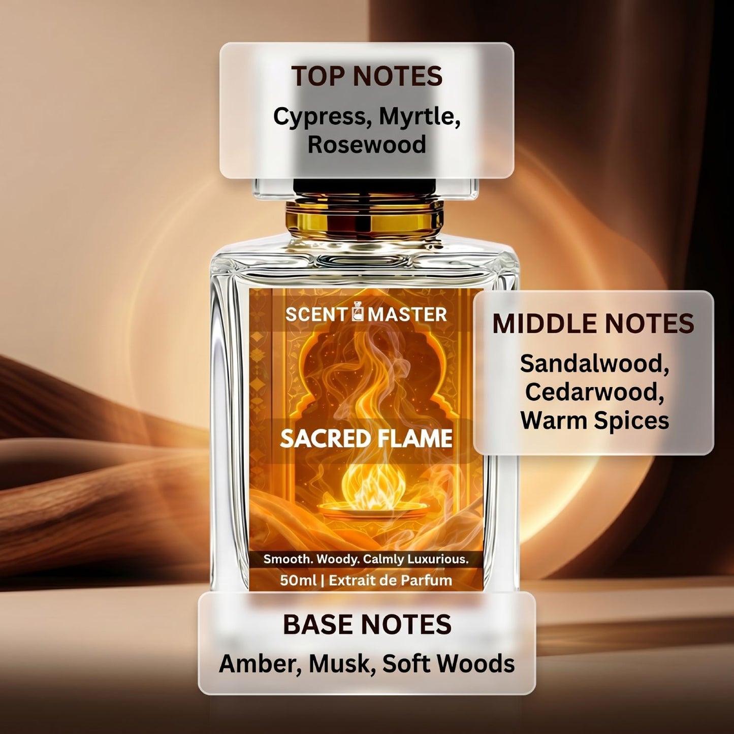 Sacred Flame perfume notes infographic showing cypress myrtle rosewood sandalwood cedarwood amber musk and soft woods