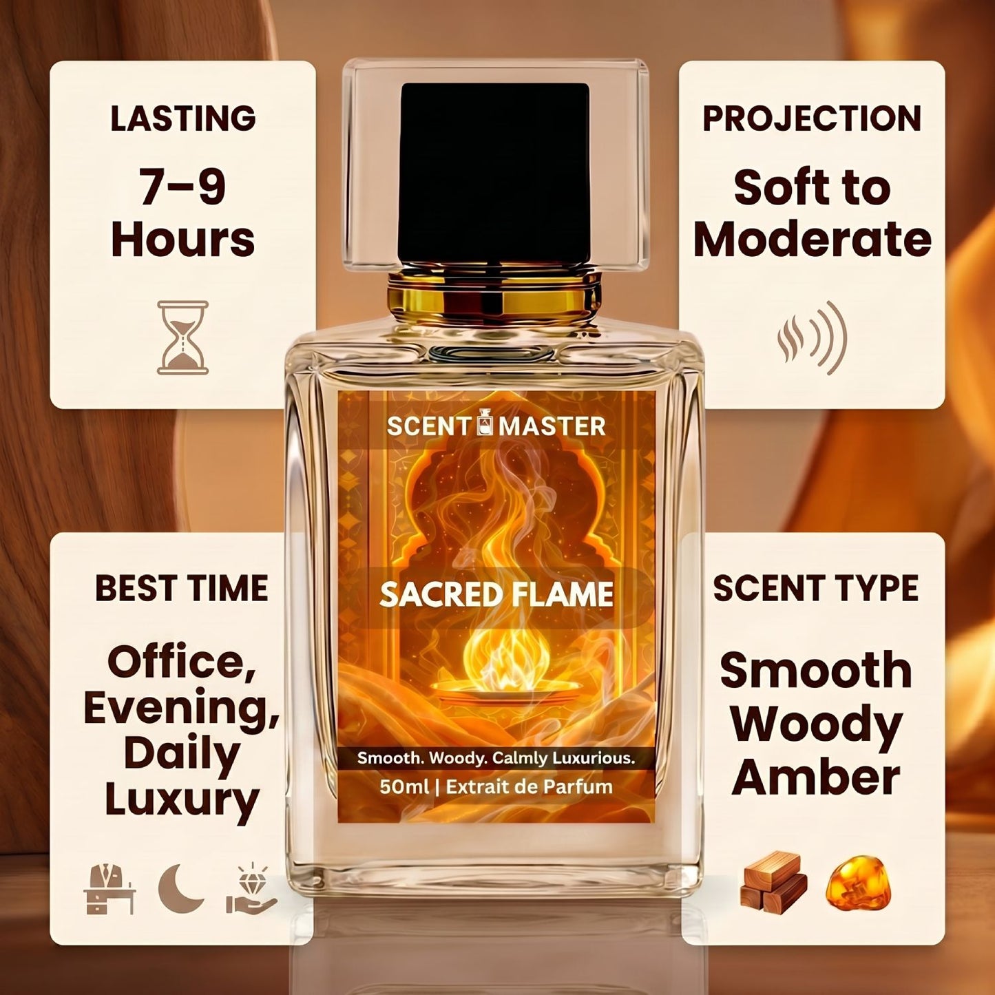 Sacred Flame by Scent Master performance infographic showing 7 to 9 hours lasting and soft to moderate projection