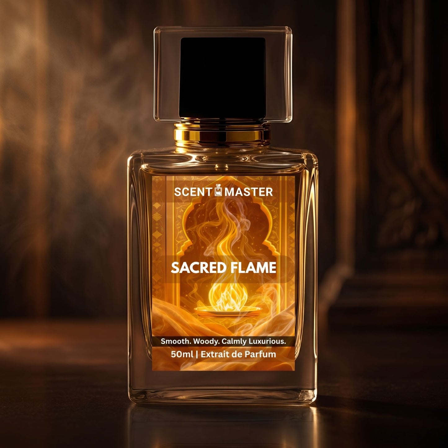 Sacred Flame by Scent Master premium woody amber perfume bottle in warm cinematic lighting