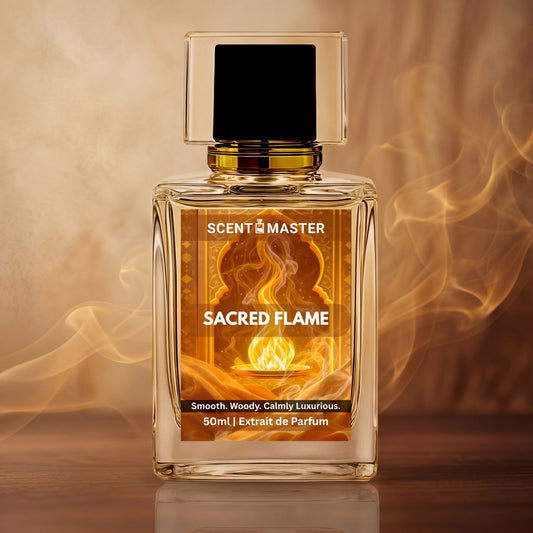 Sacred Flame by Scent Master 50ml woody amber perfume bottle with warm luxury background
