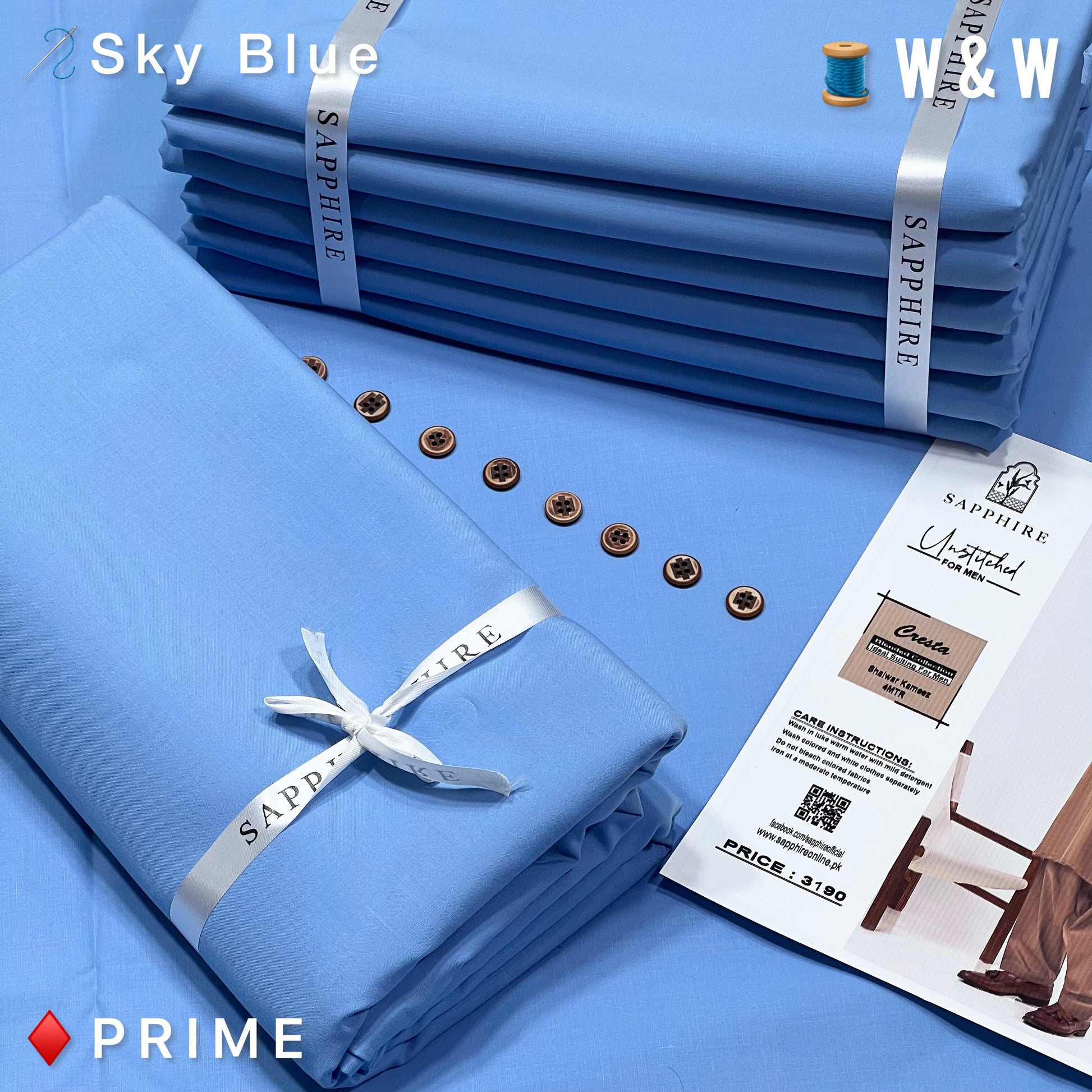 Sapphire Prime Wash and Wear Unstitched Suit Fabric for Men | Premium Ready-to-Stitch | Sky Blue | SWMS-09