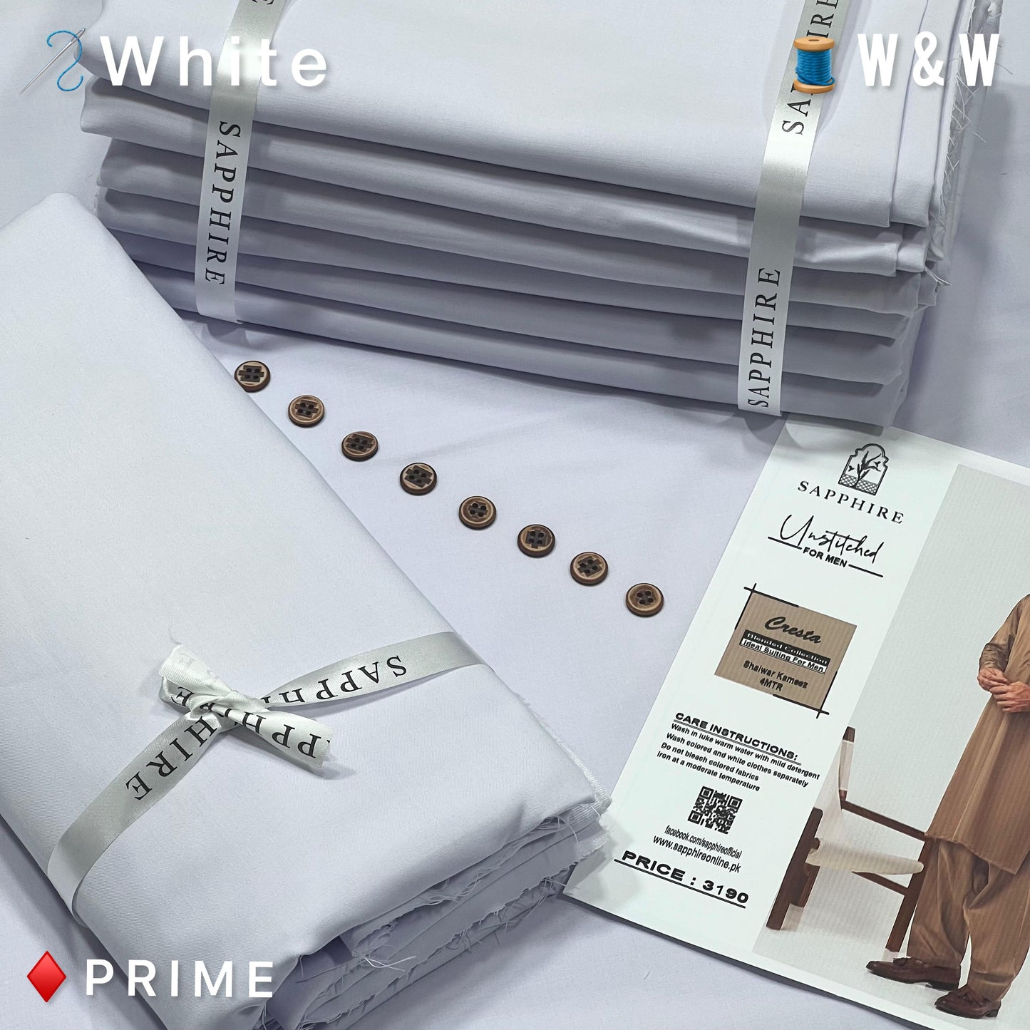 Sapphire Prime Wash and Wear Unstitched Suit Fabric for Men | Premium Ready-to-Stitch | White | SWMS-11