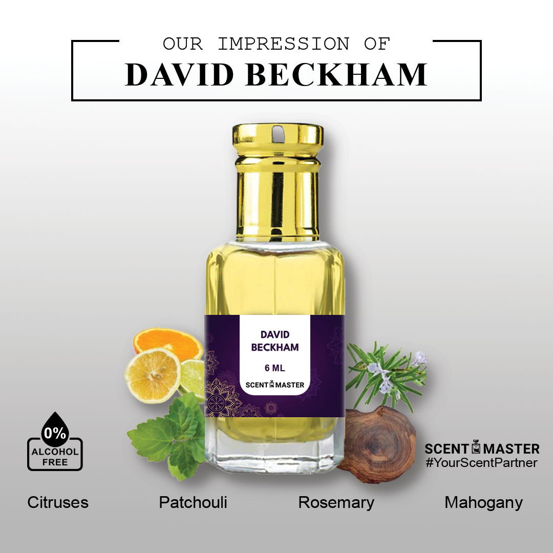 A close-up photo of the David Beckham Attar bottle by Scent Master, with a sleek and masculine design