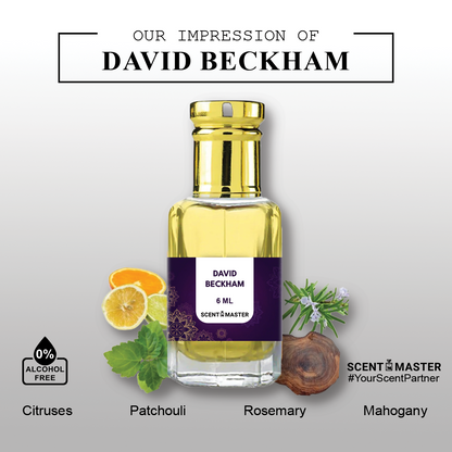 A close-up photo of the David Beckham Attar bottle by Scent Master, with a sleek and masculine design