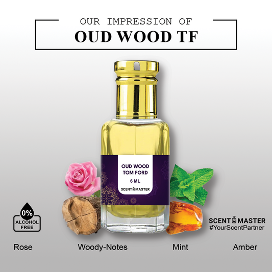 A close-up photo of the key ingredients used in Scent Master's Oud Wood Attar, including agarwood chips, rose petals, and cinnamon sticks.