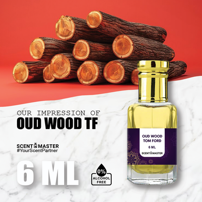 A luxurious bottle of Scent Master's Oud Wood Attar with an elegant and mysterious design.