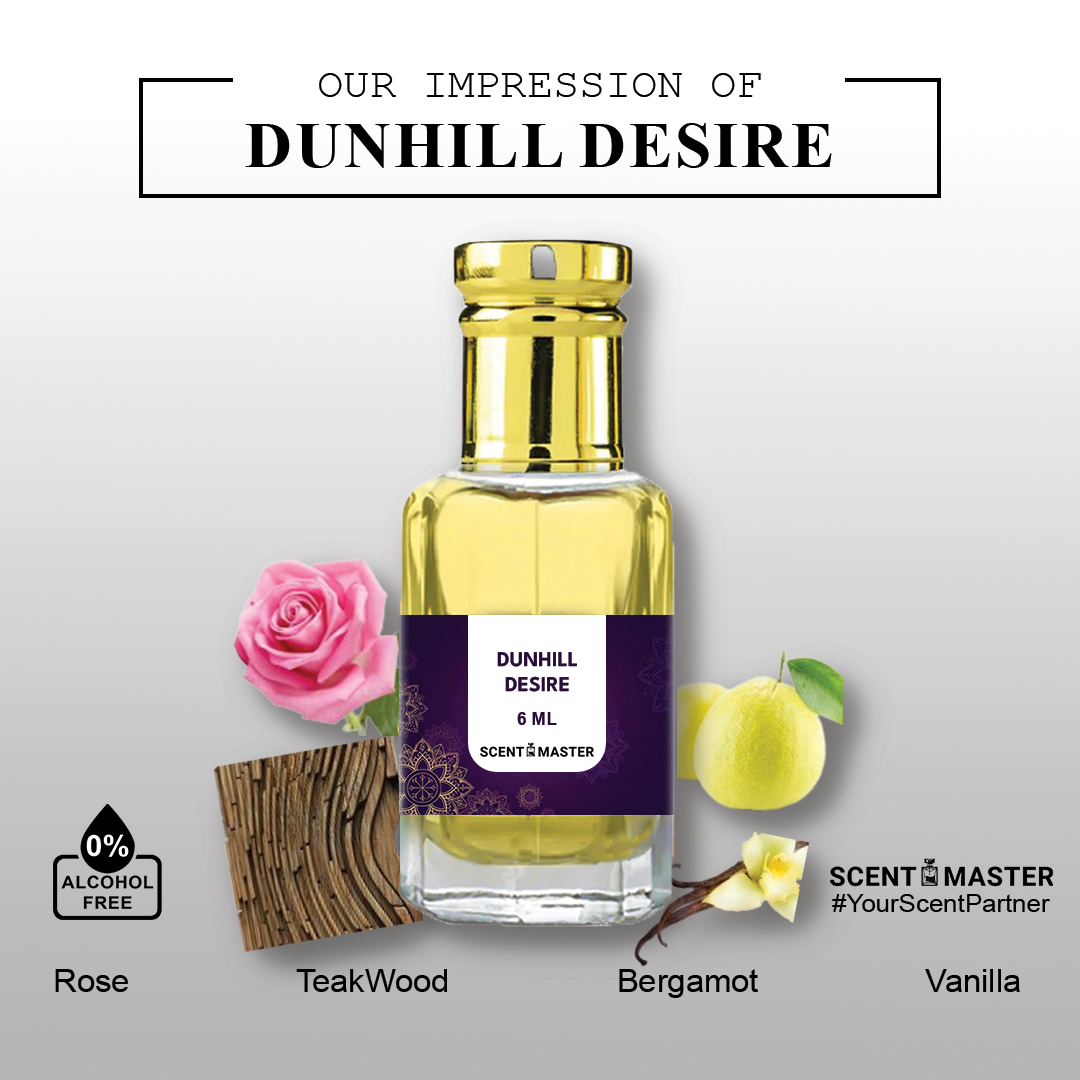 A close-up photo of the key ingredients used in Scent Master's Dunhill Desire Attar, including rose petals, citrus slices, and wood chips.