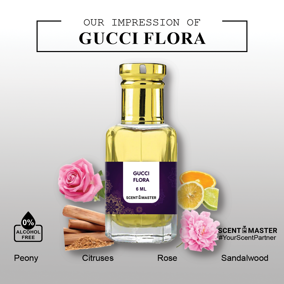 A close-up photo of the key ingredients used in Scent Master's Gucci Flora Attar, including rose petals, mandarin orange slices, and sandalwood chips