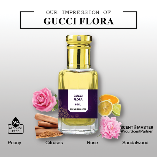 A close-up photo of the key ingredients used in Scent Master's Gucci Flora Attar, including rose petals, mandarin orange slices, and sandalwood chips