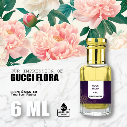 A luxurious bottle of Scent Master's Gucci Flora Attar with a floral and feminine design