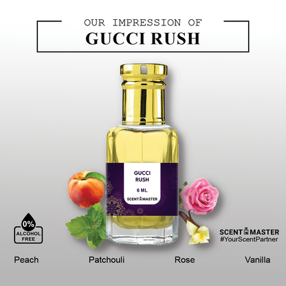 A close-up photo of the key ingredients used in Scent Master's Gucci Rush Attar, including rose petals, peach slices, and patchouli leaves