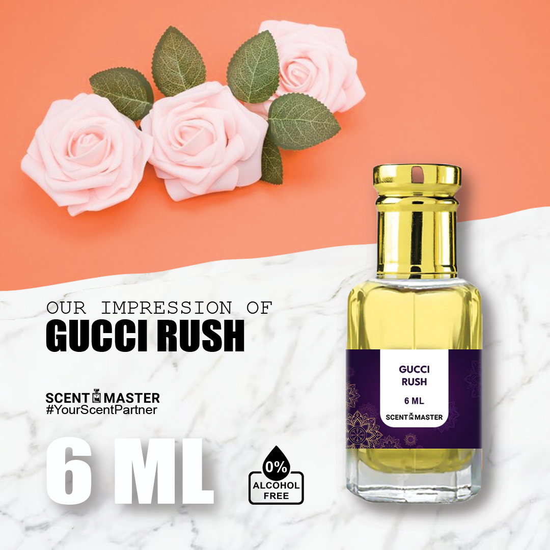 A sleek bottle of Scent Master's Gucci Rush Attar with a modern and bold design