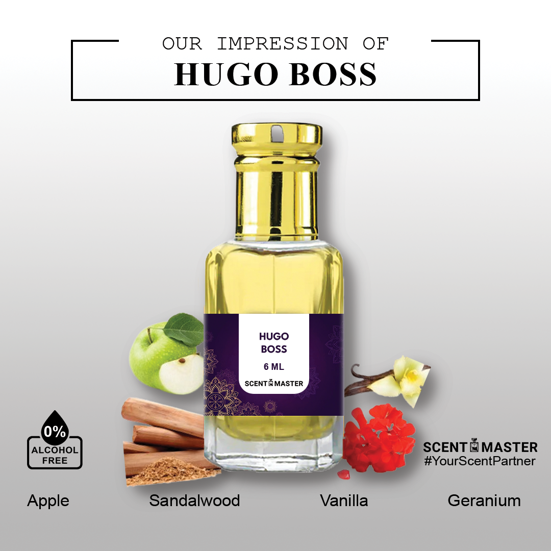 A close-up photo of the key ingredients used in Scent Master's Hugo Boss Attar, including apple slices, cinnamon sticks, and sandalwood chips