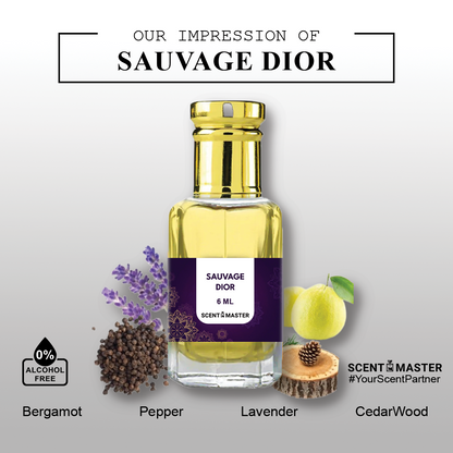 A close-up photo of the key ingredients used in Scent Master's Sauvage Dior Attar, including bergamot peel, peppercorns, and amber resin.