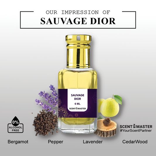 A close-up photo of the key ingredients used in Scent Master's Sauvage Dior Attar, including bergamot peel, peppercorns, and amber resin.