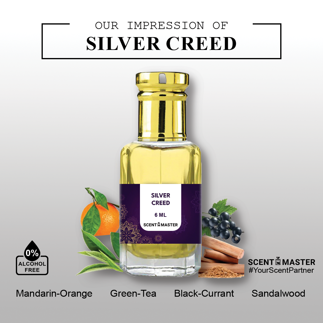 A close-up photo of the key ingredients used in Scent Master's Silver Creed Attar, including bergamot peel, green tea leaves, and musk.