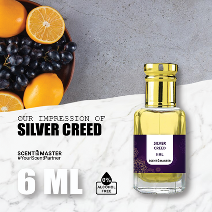 A sleek and elegant bottle of Scent Master's Silver Creed Attar.