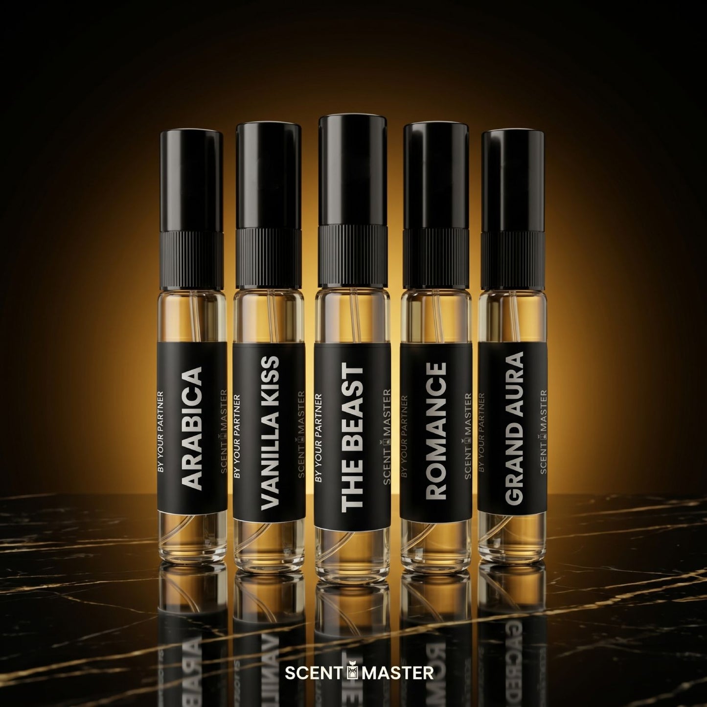 Set of five perfume bottles with black labels on a reflective surface.