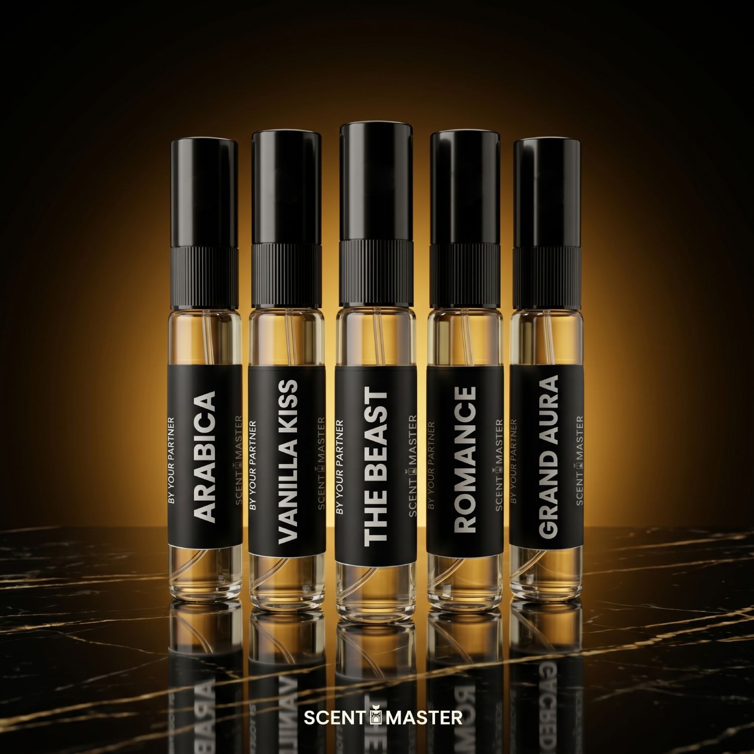 Set of five perfume bottles with black labels on a reflective surface.