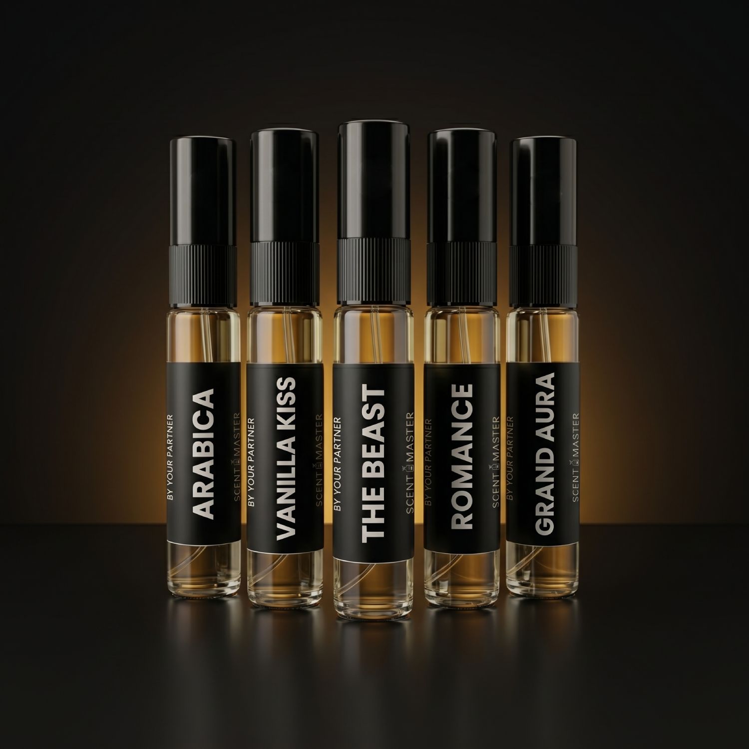 Five perfume bottles with labeled caps on a dark background