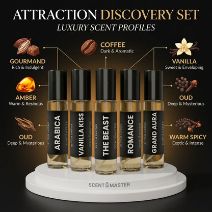Set of perfume bottles labeled with different scents on a dark background