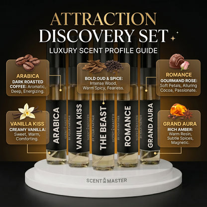Set of perfume bottles with descriptive labels on a dark background