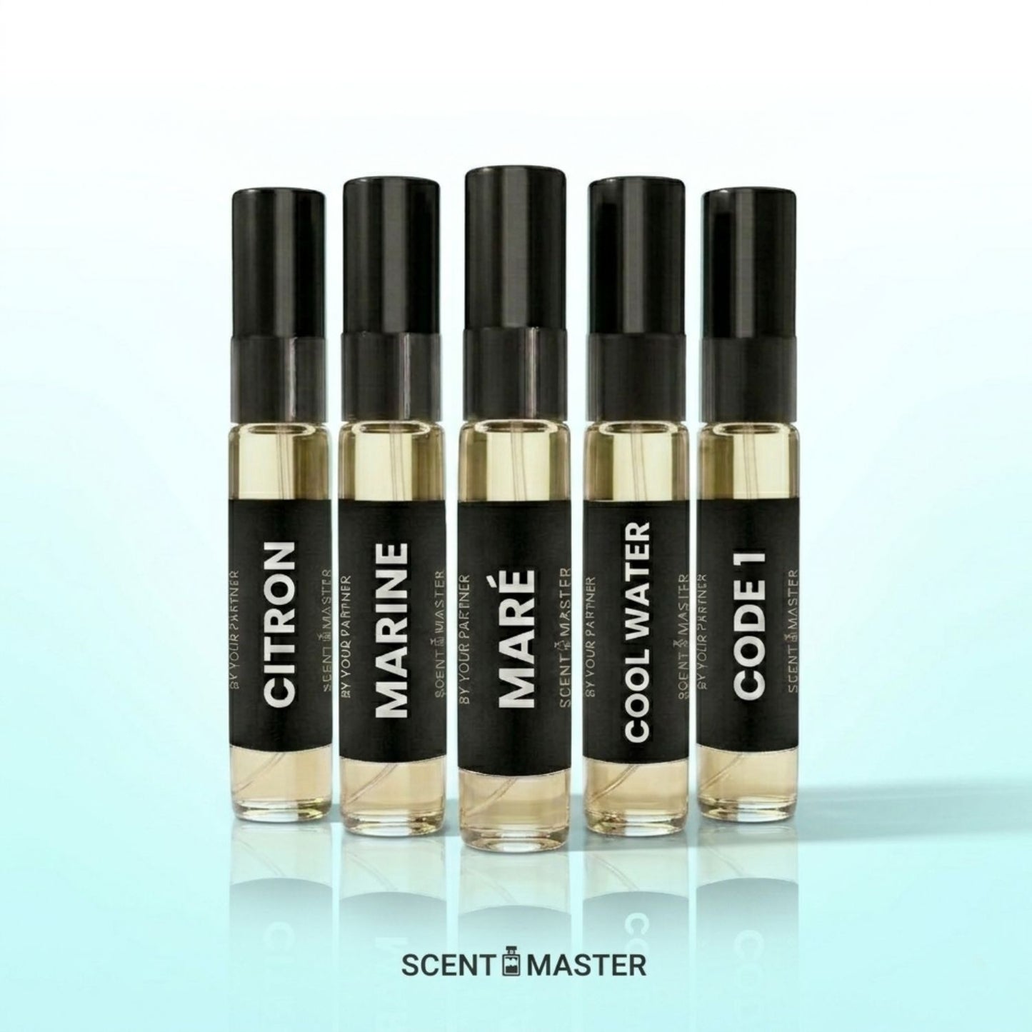 Five small perfume bottles with black caps and labels on a light blue background, featuring the brand 'Scent Master'.