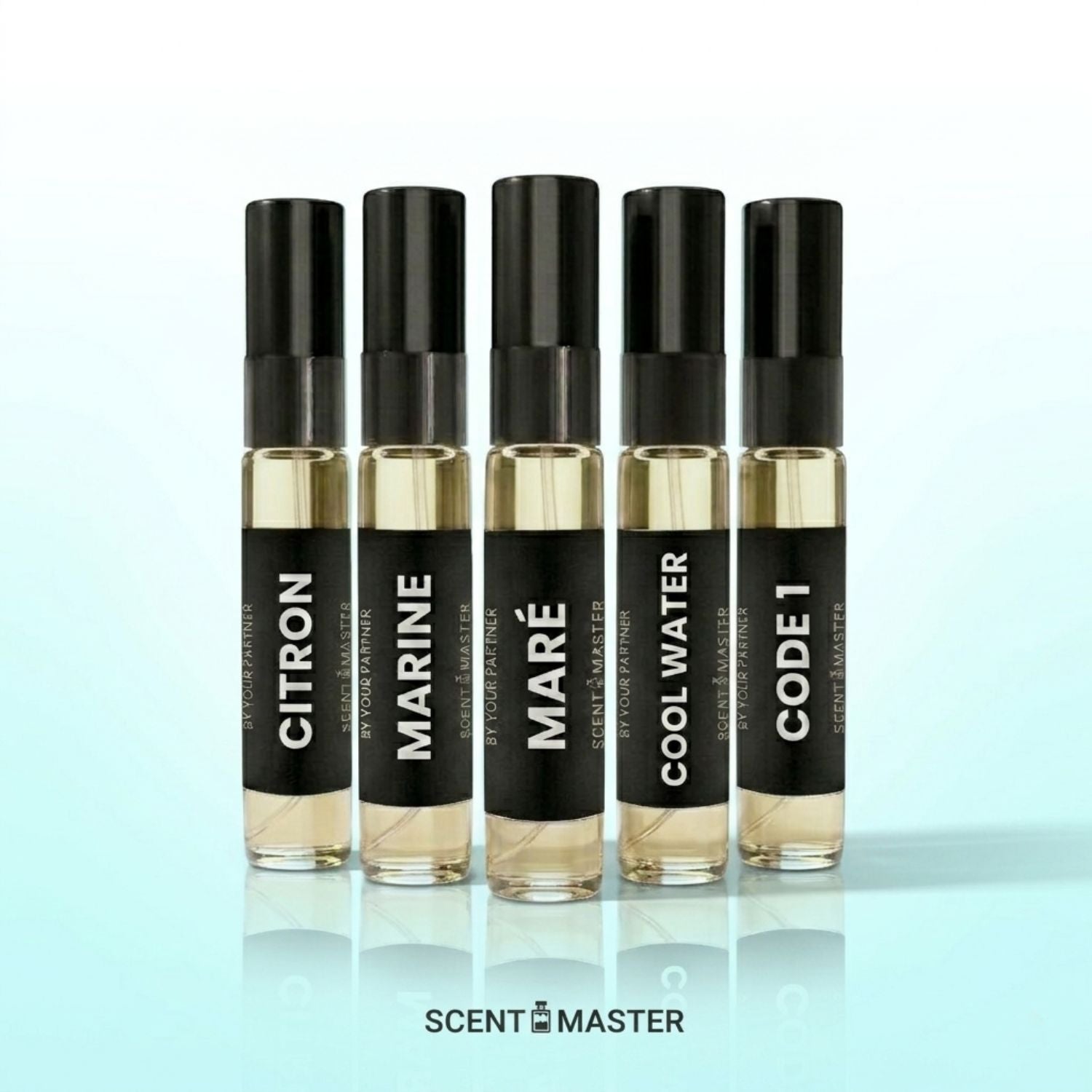 Five small perfume bottles with black caps and labels on a light blue background, featuring the brand 'Scent Master'.
