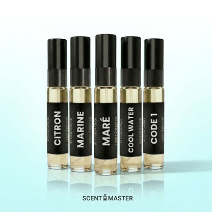Five small perfume bottles with black caps and labels on a light blue background, featuring the brand 'Scent Master'.