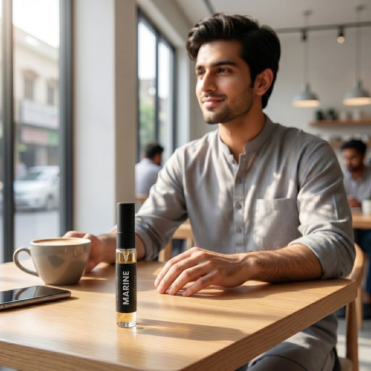 Man sitting at a table with a coffee cup and 'Marine' perfume bottle in a cafe.
