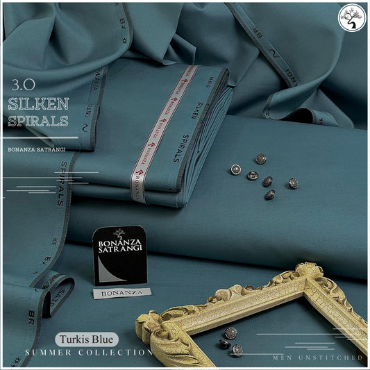 Silken Spiral 3 Microfiber Wash n Wear Unstitched Suit for Men - Turkish Blue - BSSS-317