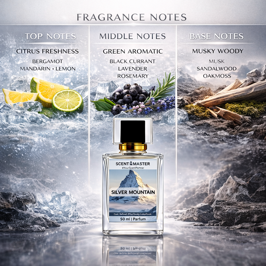 Perfume bottle labeled 'Silver Mountain' with mountain and water design, surrounded by nature-themed elements.